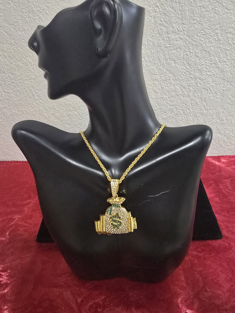 Gold-Tone Money Bag Pendant Necklace with Green Accents